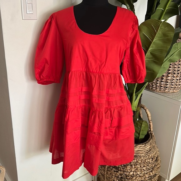 Mango Red Bubble Sleeve Dress - L - Picture 1 of 7